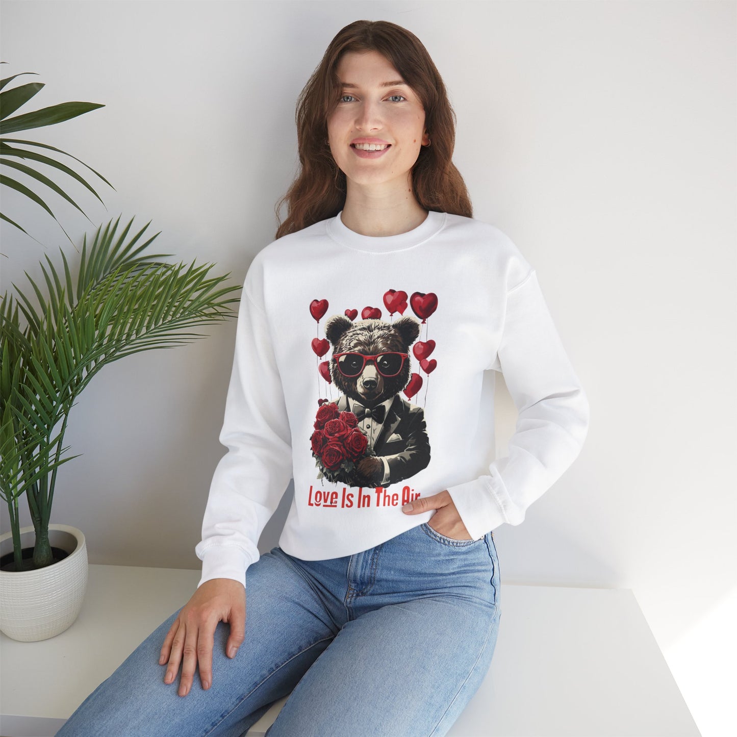 Cute Bear Graphic Crewneck Sweatshirt - "Love Is In The Air" | Perfect for Valentine's Day